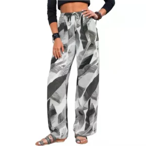 Fashion Drawstring Leaf Print Beach Pants Summer Casual Loose Wide Leg Straight Trousers Womens Clothing