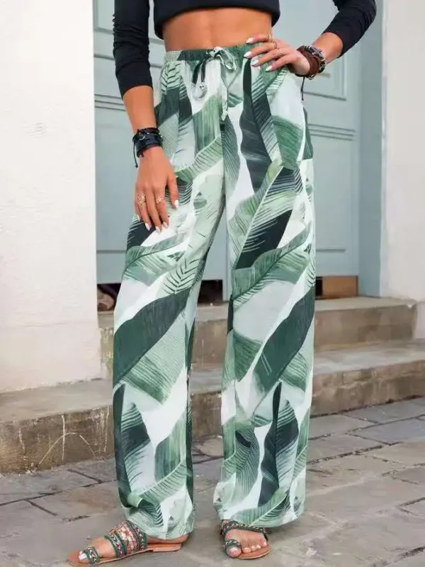 Fashion Drawstring Leaf Print Beach Pants Summer Casual Loose Wide Leg Straight Trousers Womens Clothing - Image 4